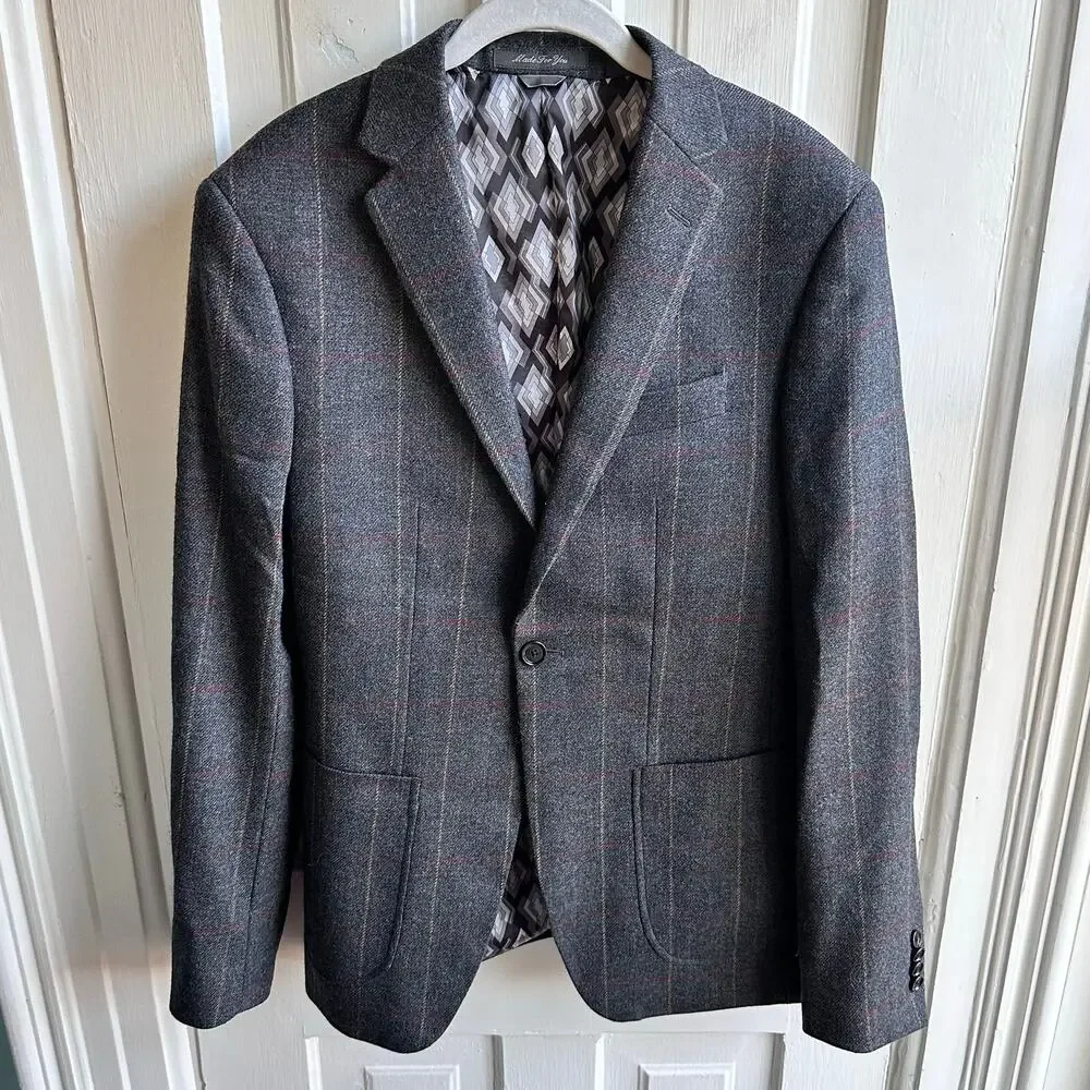 Indochino Made For You 100% Wool Windowpane Blazer Sport Coat Gray 2 Button